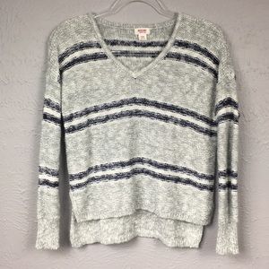 Mossimo Grey White Navy Blue Striped V-neck Hi-low Knit Sweater Size Med…